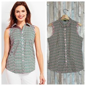 Talbots 14P 14 Scallop Dancing Pineapple Print Button Down Shirt Tank Top Pink